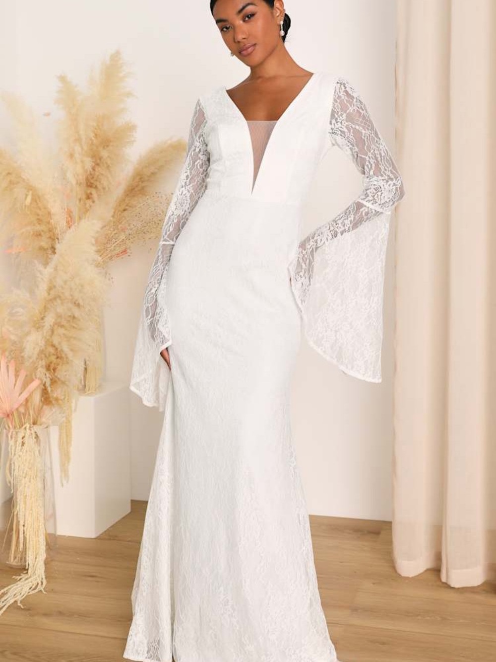 Lulus Endless Love Story White Floral Lace Bell Sleeve Maxi Dress